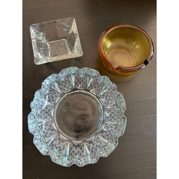 Amber Thick Clear Crystal Glass Set Of 3 Cigarette Ashtray Decorative Vintage - Picture 2 of 9
